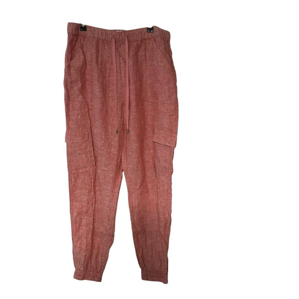 Nicole Miller New York Women's 100% Linen Cargo Pants Size Large Elastic Waist